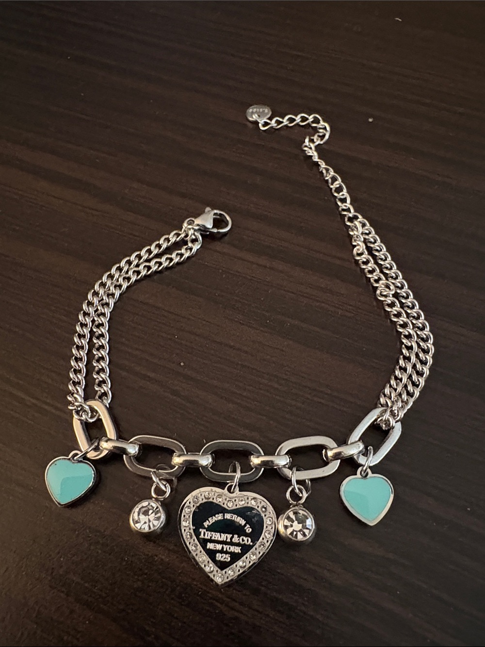 Inspired by Tiffany stainless steel Silver Charm Bracelet with Blue Hearts